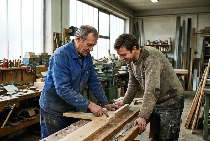 Ein Meister zeigt einem Kunden in der Werkstatt ein Werkstück, beide beugen sich über die Bank