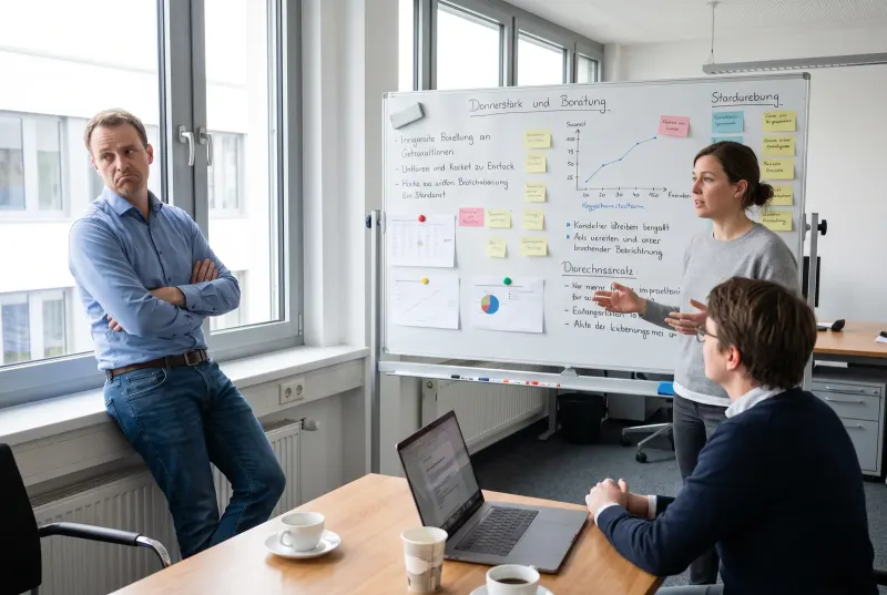 Drei Kollegen vor einem vollgeschriebenen Whiteboard, einer lehnt sich mit verschraenkten Armen zurueck
