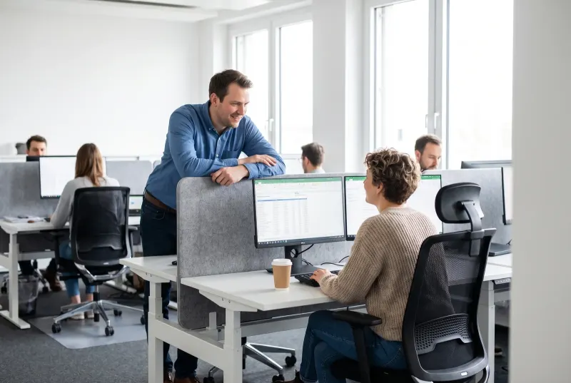 Ein Mann lehnt sich über eine niedrige Trennwand, um einer Kollegin eine kurze Frage zu stellen
