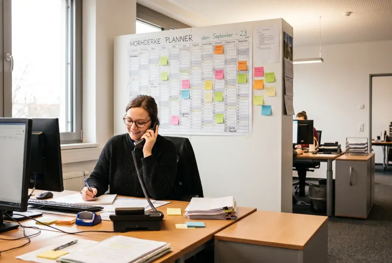 Eine Frau telefoniert geduldig am Schreibtisch, hinter ihr ein großer Wandplaner