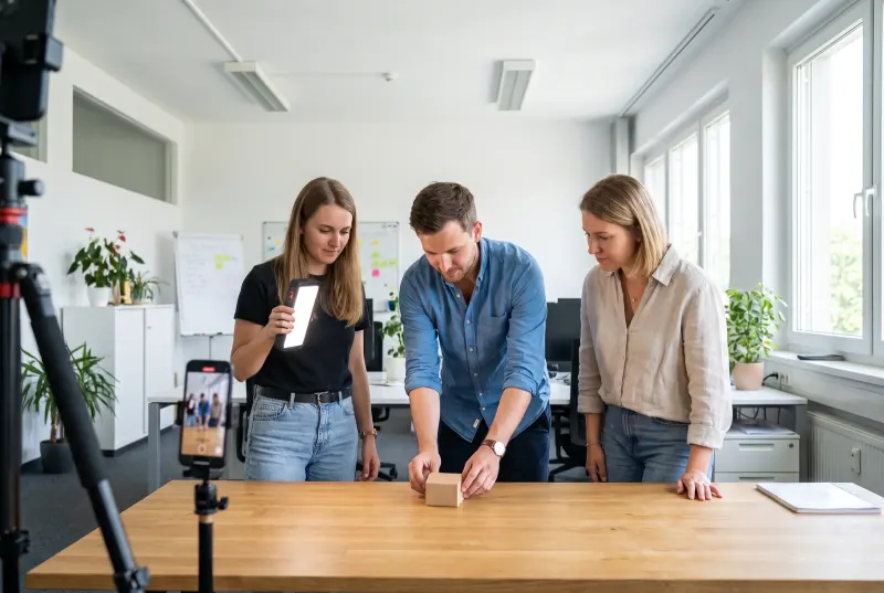 Drei Kollegen filmen mit dem Telefon auf dem Stativ ein kurzes Video des eigenen Produkts, einer hält die Leuchte