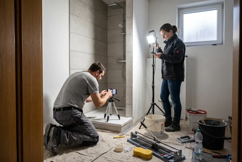 Fliesenleger filmt mit dem Handy auf einem Stativ eine fertig verlegte Dusche, die Kollegin hält eine Lampe