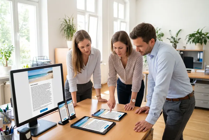 Drei Kollegen vergleichen denselben Newsletter auf Monitor, Tablet und zwei Telefonen, auf einem Gerät ist das Layout verrutscht