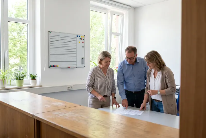 Sekretariat, Schulleitung und eine Kollegin stehen über einer ausgedruckten Anfrage und klären, wer antwortet und wann nachgefasst wird