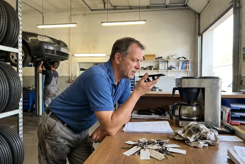 Inhaber einer Autowerkstatt steht an der Theke und spricht in sein Smartphone, im Hintergrund arbeitet ein Mechaniker an einem Auto auf der Hebebühne