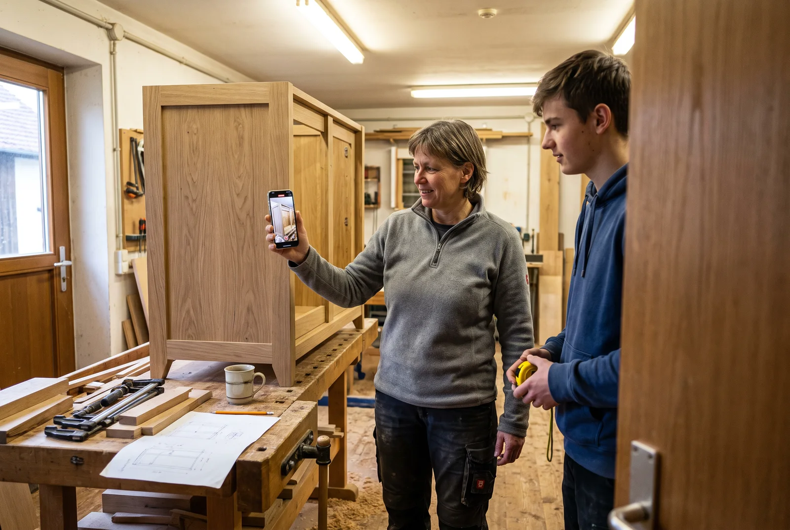 Inhaberin einer Tischlerei zeigt in der Werkstatt per Smartphone einen Schrank, ein Auszubildender steht daneben