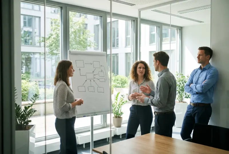 Drei Kollegen vor einem vollgeschriebenen Whiteboard, einer lehnt sich mit verschränkten Armen zurück und sagt nichts