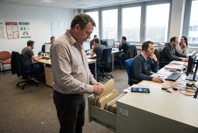 In einem Vertriebsbuero sucht ein Mitarbeiter am Aktenschrank nach einer Unterlage, waehrend hinter ihm die Kollegen arbeiten