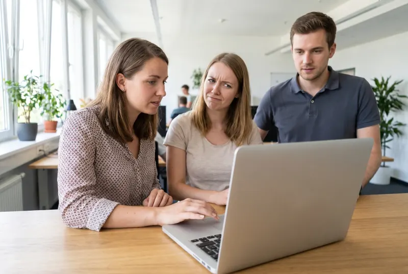 Eine Mitarbeiterin zögert mit der Hand über dem Trackpad, eine Kollegin daneben zieht skeptisch die Augenbrauen hoch, ein Kollege sieht zu