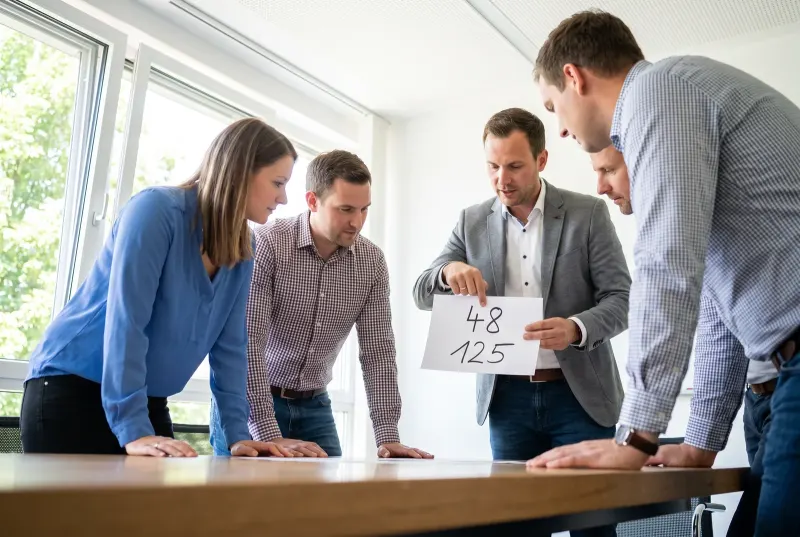 Der Vertriebsleiter hält dem Team ein einzelnes Blatt mit zwei Zahlen hin, die anderen beugen sich vor