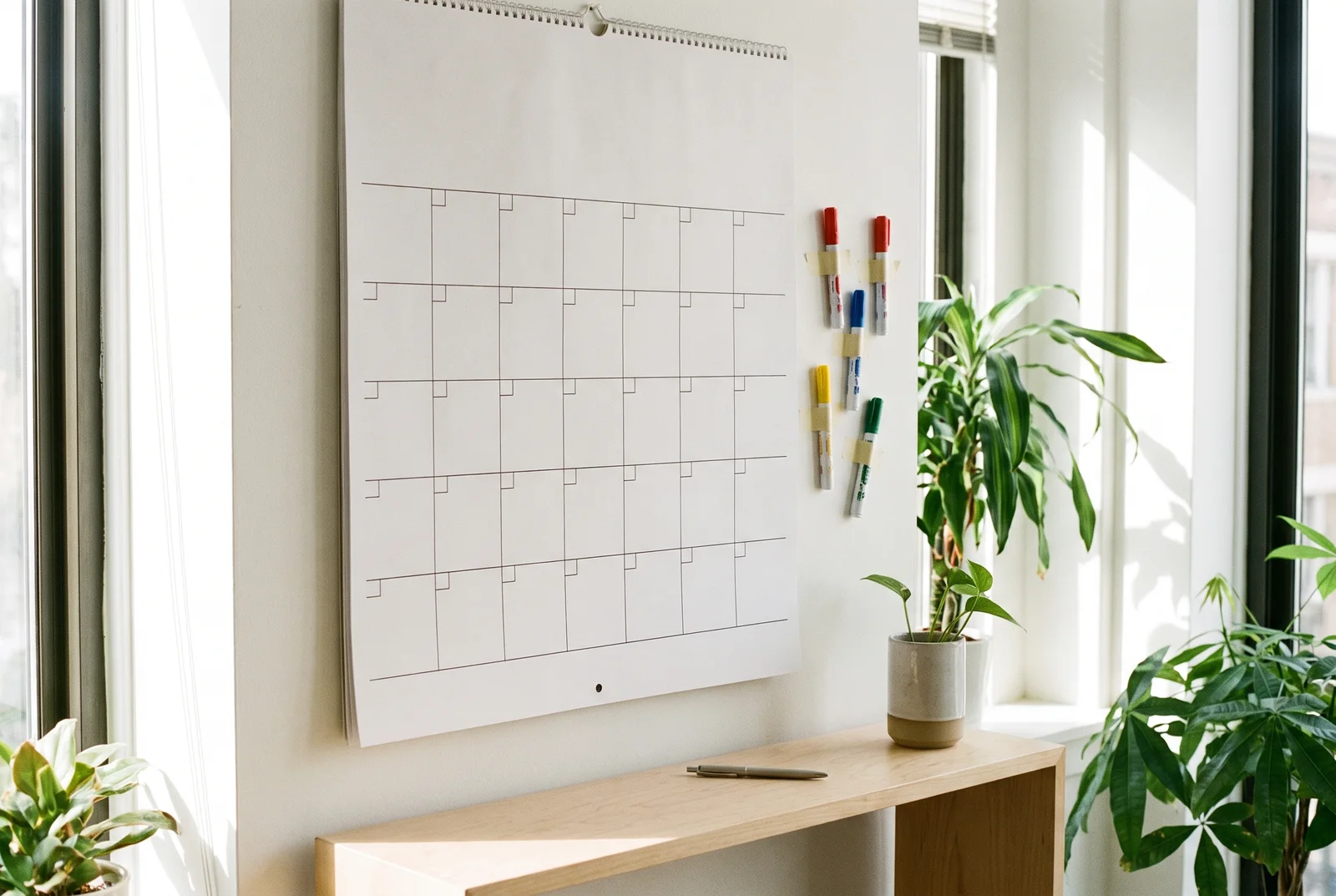 Aufgeschlagener Wandkalender in einem hellen Büro am Vormittag, daneben ein Stift und eine Tasse
